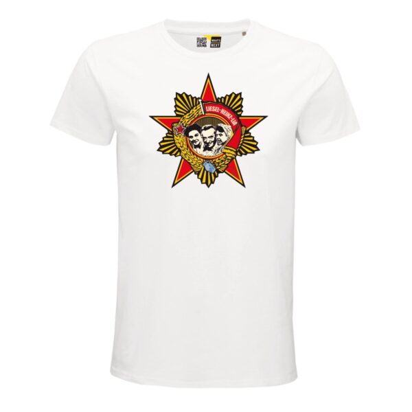 Ein weißes T-Shirt, darauf ein fünfzackiger roter Stern mit gelber und schwarzer Kontur. Zwischen den Zacken sind jeweils schmale Türme, außen jeweils klein, in der Mitte jeweils der höchste, alle gelb mit schwarzer Kontur. Auf dem Stern liegt dann ein gelber Kranz mit schwarzen Konturen. Im oberen Teil des Kranzes weht eine rote Fahne in der steht "Liesel, Heinz, Lia". In der Mitte des Kranzes sind Silhouetten der drei zu sehen (Liesel Christ, Heinz Schenk, Lia Wöhr). Unter den Dreien ist noch ein kleiner Bembel eingearbeitet.