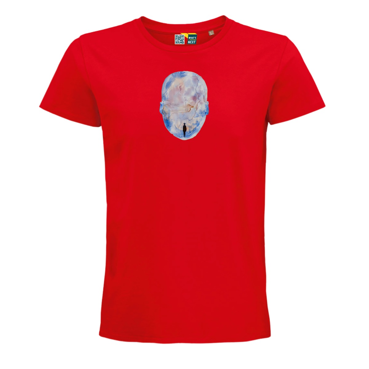 Ein rotes T-Shirt, darauf, in der Mitte oben, die Silhouette eines Kopfes, gefüllt mit ineinander laufenden Farben von Blau über Grau, Gelb, Orange bis Rot. Dort wo der Mund wäre, ist die schwarze, komplette Silhouette einer Person mit Hut.