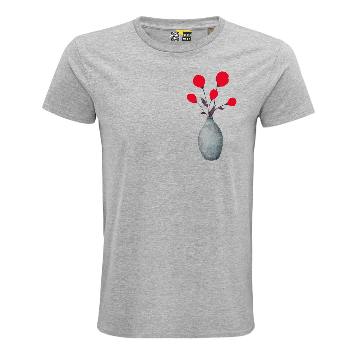 Grau-meliertes T-Shirt. Auf der linken Brust eine Vase, oval, bauchig, aus der fünf Blumen schauen. Die Vase wirkt graublau, die Blüten der Blumen stechen in knallendem Neonrot hervor.