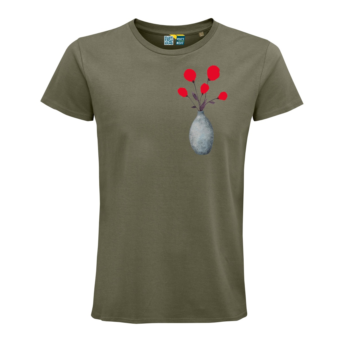 T-Shirt in khaki. Auf der linken Brust eine Vase, oval, bauchig, aus der fünf Blumen schauen. Die Vase wirkt graublau, die Blüten der Blumen stechen in knallendem Neonrot hervor.