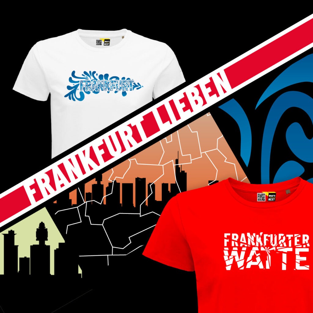 Ein quadratisches Bild mit schwarzem Hintergrund, davor einige weiße und rote T-Shirts mit Frankfurt-Motiven. In einer roten Schräge steht in weiß: Frankfurt Lieben. Darunter dann einige Motive als schräge Rechtecke.