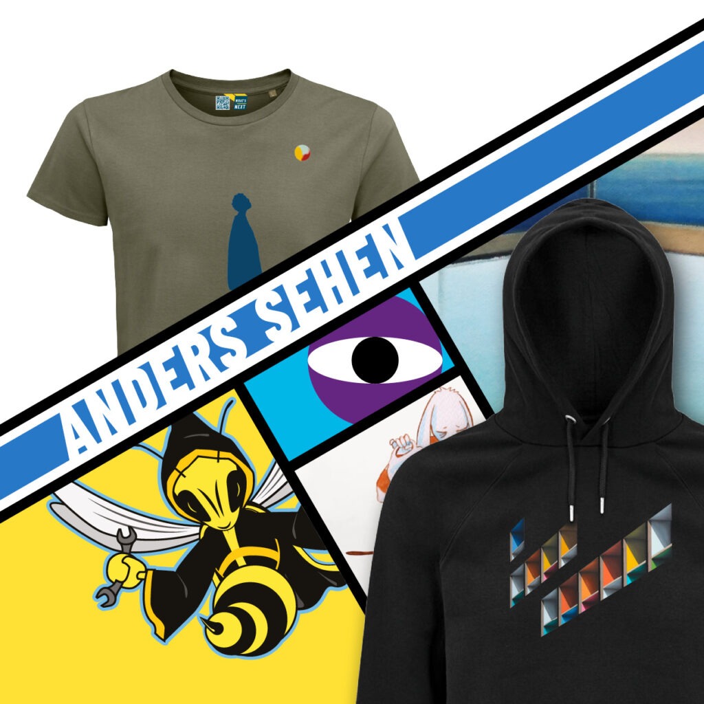 Ein quadratisches Bild, weißer Hintergrund oben links, rechts ist ein Auszug aus einem der Ölgemälde von Tobias Stutz der Hintergrund. Davor ein paar Shirts und Hoodies und ein blauer schräger Streifen, in dem in Weiß "Anders sehen" steht. Darunter weitere Motive in schrägen Rechtecken.