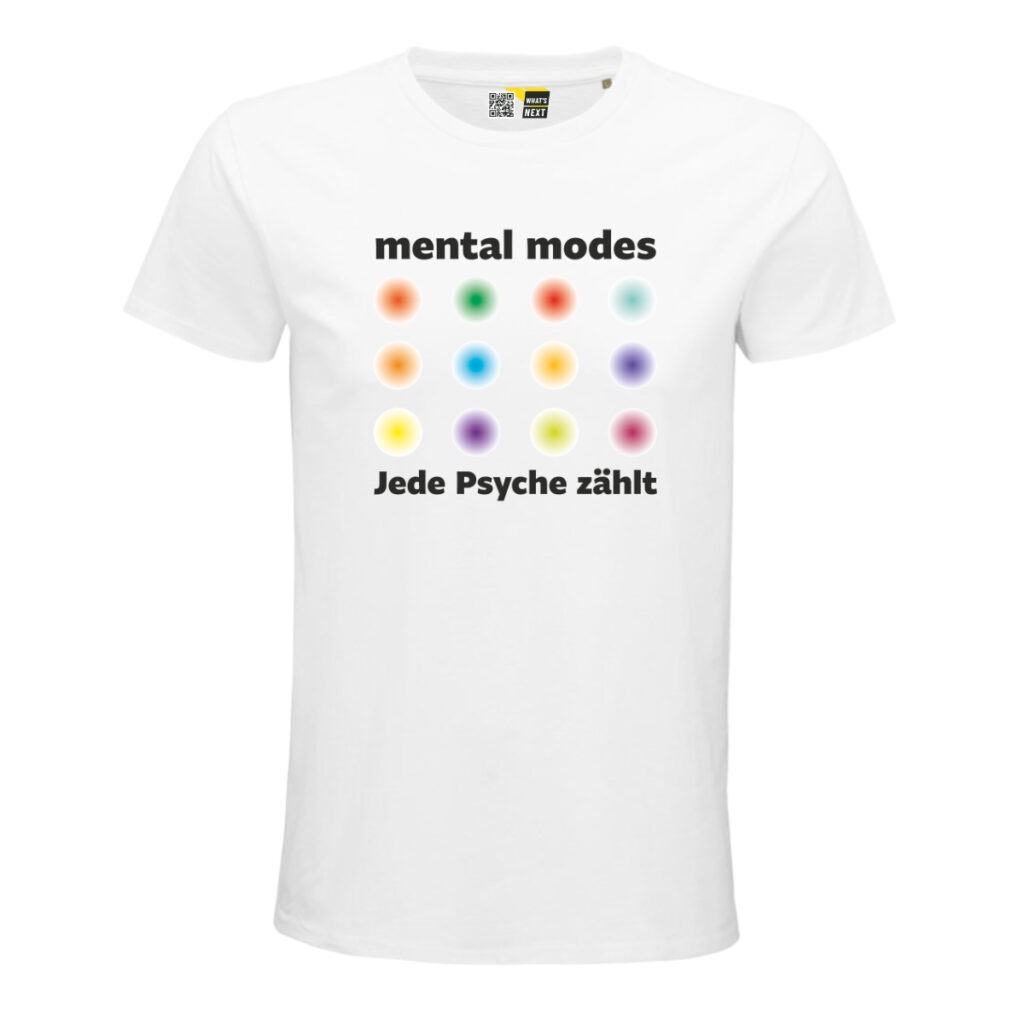 Ein weißes T-Shirt, auf der Brust zuerst in schwarz der Schriftzug "mental modes", dann vier mal drei kreisförmige Farbverläufe in verschiedenen Farben jeweils von stark nach schwach. Darunter, wieder in Schwarz "Jede Psyche zählt"