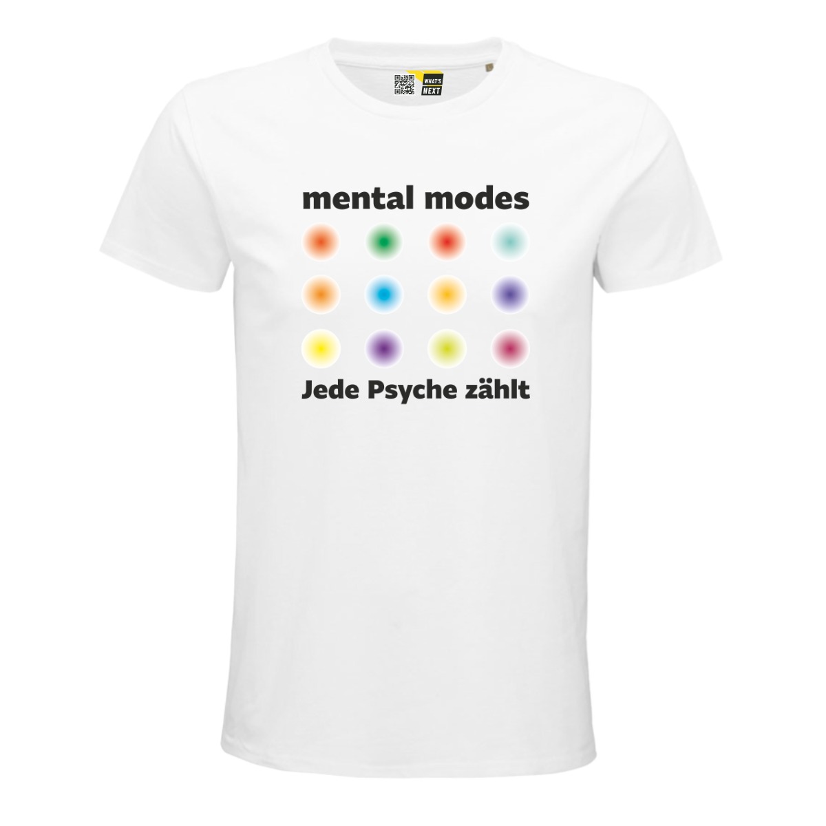 Ein weißes T-Shirt, auf der Brust zuerst in schwarz der Schriftzug "mental modes", dann vier mal drei kreisförmige Farbverläufe in verschiedenen Farben jeweils von stark nach schwach. Darunter, wieder in Schwarz "Jede Psyche zählt"